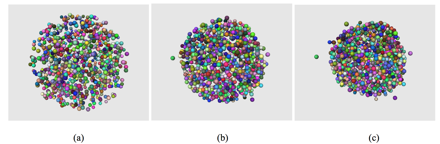 (a) 962 cells generated without forces (defined as 3DCellPopulation.xml in the following studies), (b) 989 cells generated with a force rigidity=0.0007, (c) 989 cells generated with a force rigidity=0.002